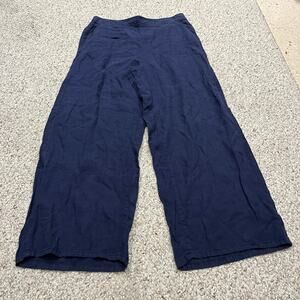 Cynthia Rowley Wide Leg Linen Pull On Pants XL Navy Blue Coastal Casual Classic